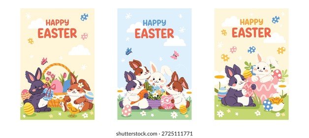 Set of cute Easter greeting cards with adorable rabbits. Happy bunnies with eggs, flowers and baskets on spring backgrounds. Flat vector poster collection for Easter holiday design.