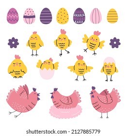 A set of cute Easter hens, chicks and decorated eggs. Farm animals. Funny holiday characters. Hand drawn vector cute illustration