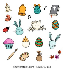 set of cute easter icons collection with colored doodle style