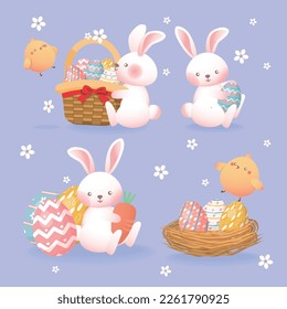 A set of cute Easter illustrations with eggs, hares, baskets, nests and chicks