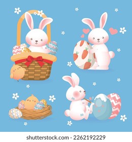 A set of cute Easter illustrations with eggs, hares, baskets, nests and chicks