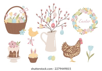 Set of cute easter items isolated on white background. Vector graphics.