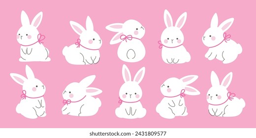 Conjunto de lindo conejo de Pascua vector. Elemento animal de Pascua feliz con conejito blanco en diferente pose, cinta rosa. Diseño de ilustración de personaje de conejos para clipart, pegatina, decoración, tarjeta de felicitación.