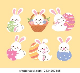 Set of cute easter rabbit vector. Happy Easter animal element with white rabbits in different pose, flower, eggs, basket. Bunny character illustration design for clipart, sticker, decor, card.