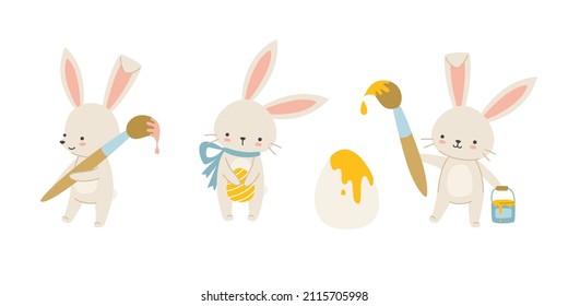 Set of cute easter rabbits with brush paint eggs. Collection of cartoon easter bunny.