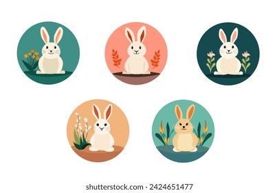 Set of cute easter rabbits, bunny in circles. Stamps, stickers. Sitting bunnies collection