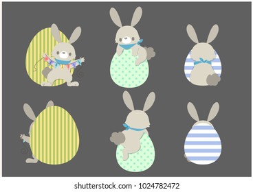 Set of cute Easter rabbits in different poses and  different colors easter eggs.Vector illustration.
