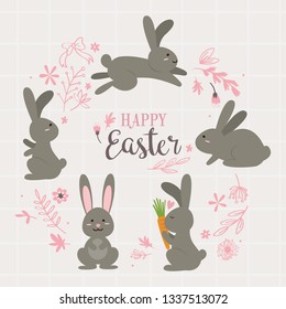 Set of cute Easter Rabbits in doodle vector style.