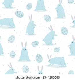 Set of cute Easter rabbits with eggs on white background. Seamless pattern with blue happy bunny for Easter, illustration.