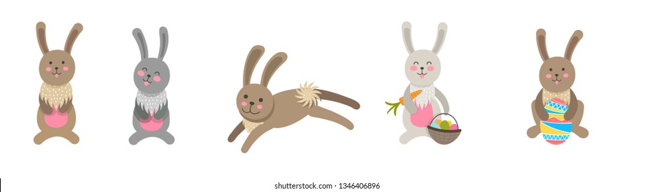 Set of cute Easter rabbits with Easter eggs and banners.