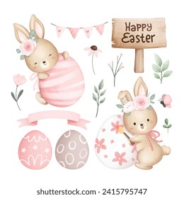Set of cute Easter Rabbits and Easter Eggs