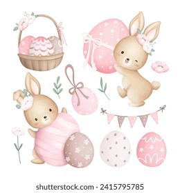 Set of cute Easter Rabbits and Easter Eggs