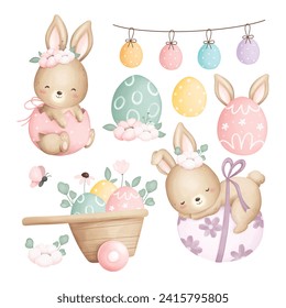 Set of cute Easter Rabbits and Easter Eggs