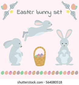 Set of cute Easter rabbits with  eggs and banners.