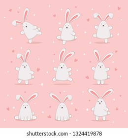 Set of cute Easter rabbits with hearts and stars on pink background. Collection of happy bunny for Easter or Valentines Day, illustration.