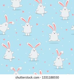 Set of cute Easter rabbits with hearts and stars on blue background. Seamless background with happy bunny for Easter or Valentines Day, illustration.