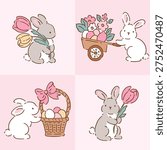 Set of cute Easter rabbits with spring floral arrangement. Hand drawn vector clipart. Easter bunny on isolated background. 