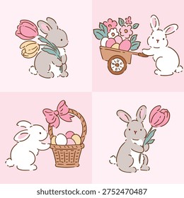 Set of cute Easter rabbits with spring floral arrangement. Hand drawn vector clipart. Easter bunny on isolated background. 