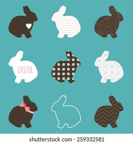 Set of cute easter rabbits in white and brown colors