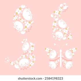 Set of cute Easter and spring elements with flowers in egg shape, bunny, baby chicken, butterfly. Hand drawn vector collection. Folk style Easter symbols. Flowers in Easter bunny shape