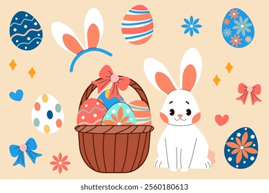 Set of cute easter stickers with bunny, eggs and basket. Flat vector illustrations.