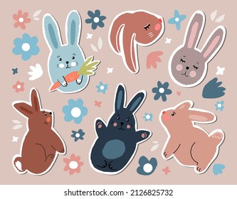 A set of cute Easter stickers made of bunnies and flowers. Tender baby hand drawn vector flat illustration.