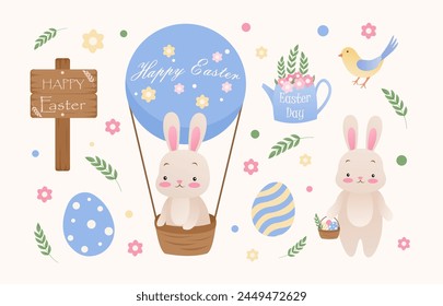 Set of cute Easter stickers on a white background. Illustrations Easter bunny in a balloon, bunny with a basket of Easter eggs in cartoon style.