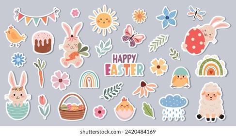 A set of cute Easter stickers with rabbits, chickens, sheep and flowers