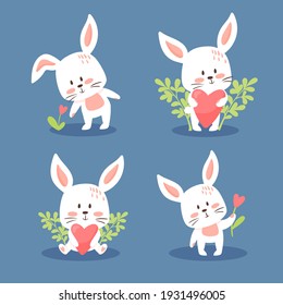 Set of cute Easter or Valentine bunnies. Lovely little rabbits collection. Vector illustration, cartoon flat style. Small kittens in different poses, holding flowers and hearts, isolated.