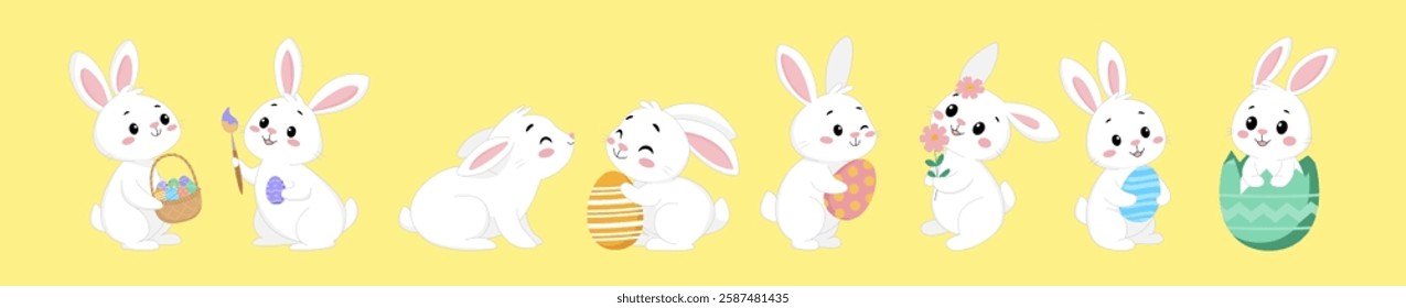 Set of cute Easter white rabbits. Cartoon characters of happy bunnies with Easter eggs and flowers. Design elements for Eastery card, sticker, banner, package. Vector illustration