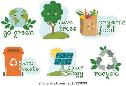 Set of cute eco friendly stickers with сartoon elements. Vector flat waste sorting, green energy and care about nature concept in flat style 	