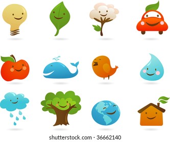 set of cute ecology icons, vector