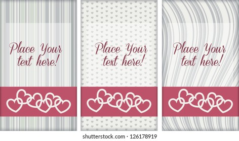 Set of cute editable template greeting cards, with pattern background, isolated on white, for Wedding, Valentine's day, or other romantic occasion