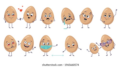 Set of cute egg characters with emotions, face, arms and legs. Happy Easter decoration. Smiling or sad food heroes, falling in love, masked distance, dancing or crying. Vector flat illustration