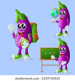 Set of cute eggplant characters in education. Perfect for kids, merchandise and sticker, banner promotion or blog
