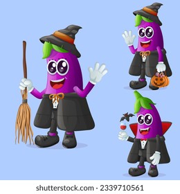 Juego de lindos personajes de berenjenas en Halloween. Perfecto para niños, mercadería y pegatinas, promoción de banners o blog
