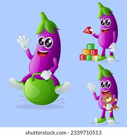 Set of cute eggplant characters playing with kid toys. Perfect for kids, merchandise and sticker, banner promotion or blog
