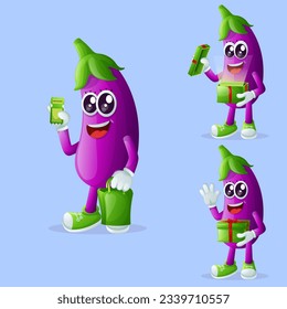 Set of cute eggplant characters receiving gifts. Perfect for kids, merchandise and sticker, banner promotion or blog
