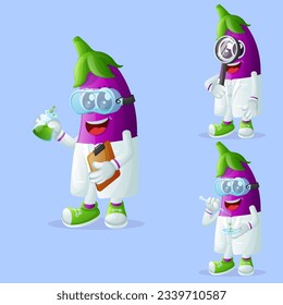 Set of cute eggplant characters as scientists. Perfect for kids, merchandise and sticker, banner promotion or blog
