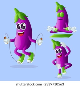 Set of cute eggplants character exercising. Perfect for kids, merchandise and sticker, banner promotion or blog
