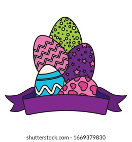 set of cute eggs easter decorated and ribbon vector illustration design