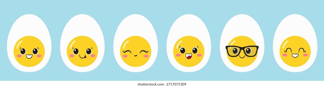 Conjunto de huevos lindos, divertido personaje de dibujos animados, huevo son un símbolo de desayuno, ojos grandes, emociones alegría deleite, cara sonriente feliz, estilo kawaii, Ilustración vectorial plana.