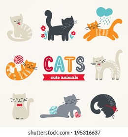 Set of cute eight cats with different characters 