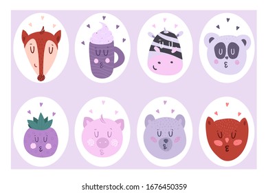 
A set of cute eight-piece stickers. Vector illustration of animals.