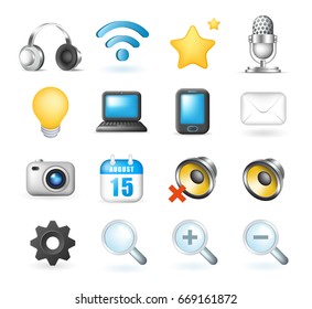 Set of Cute Elegant Multimedia and Interface Icons on White Background . Isolated Vector Illustration 