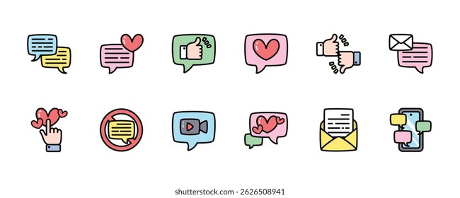 Set of cute element cartoon illustration, Cute icons related to communication, sending messages, and liking, thumbs up. A kawaii emoji cartoon. Idea for print, cartoon, card, decoration and sticker.