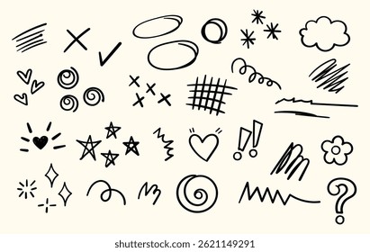 set of cute element childern's hand-drawn style, scribble doodle illustration with brush stroke, set of sign and symbol, hand drawn sketch