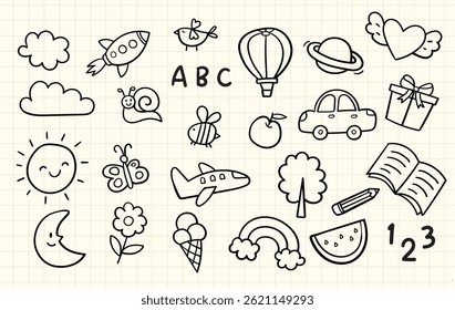 set of cute element childern's hand-drawn style, scribble doodle illustration with brush stroke, set of sign and symbol, car, animal, bus, tree, airplane, sun, moon, fruits, book, pencil