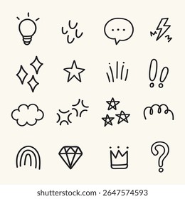 Set von niedlichen Element Kinder handgezeichnet Stil, Kritzelkritze Abbildung mit Pinselstrich, Satz von Zeichen und Symbol, handgezeichnete Skizze