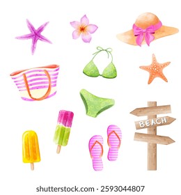 Set of cute elements for a beach holiday.Vector watercolor illustrations 